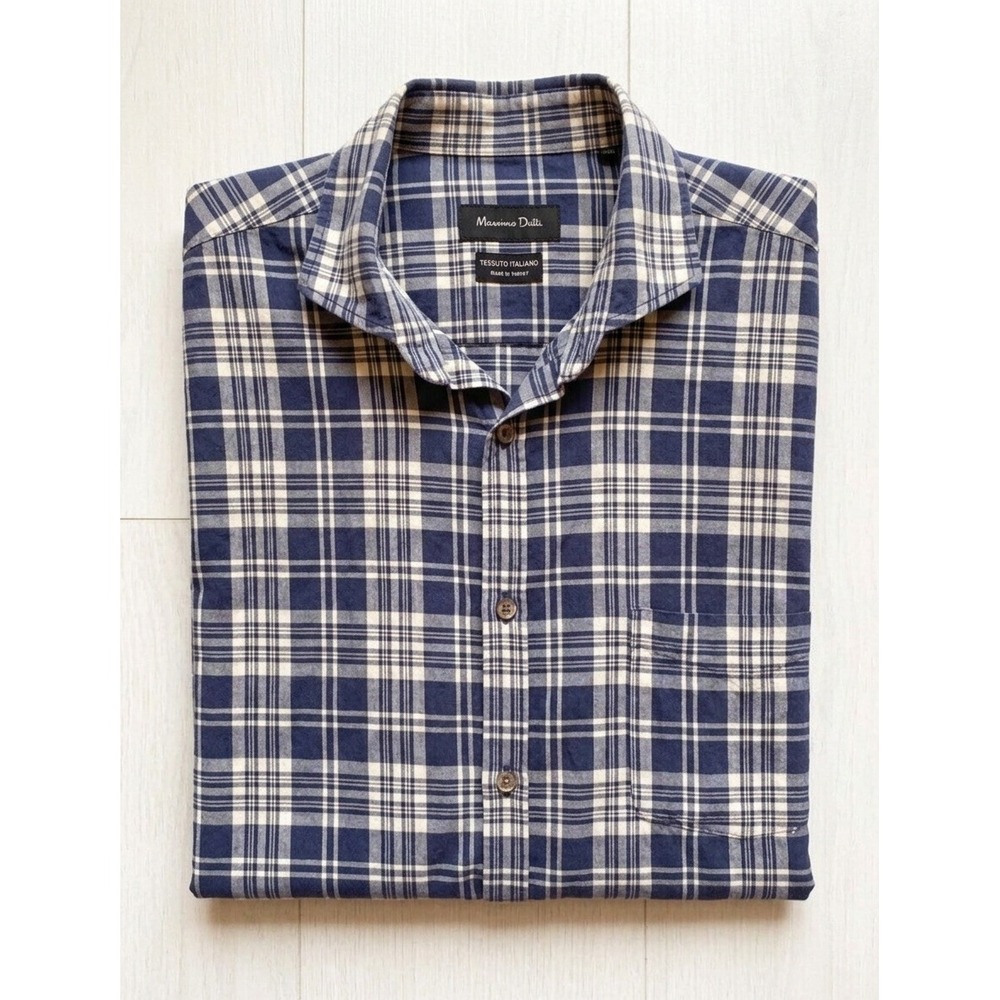 Massimo Dutti Plaid Button Down Mens XL‎ Blue Tessuto Italiano Casual Shirt
